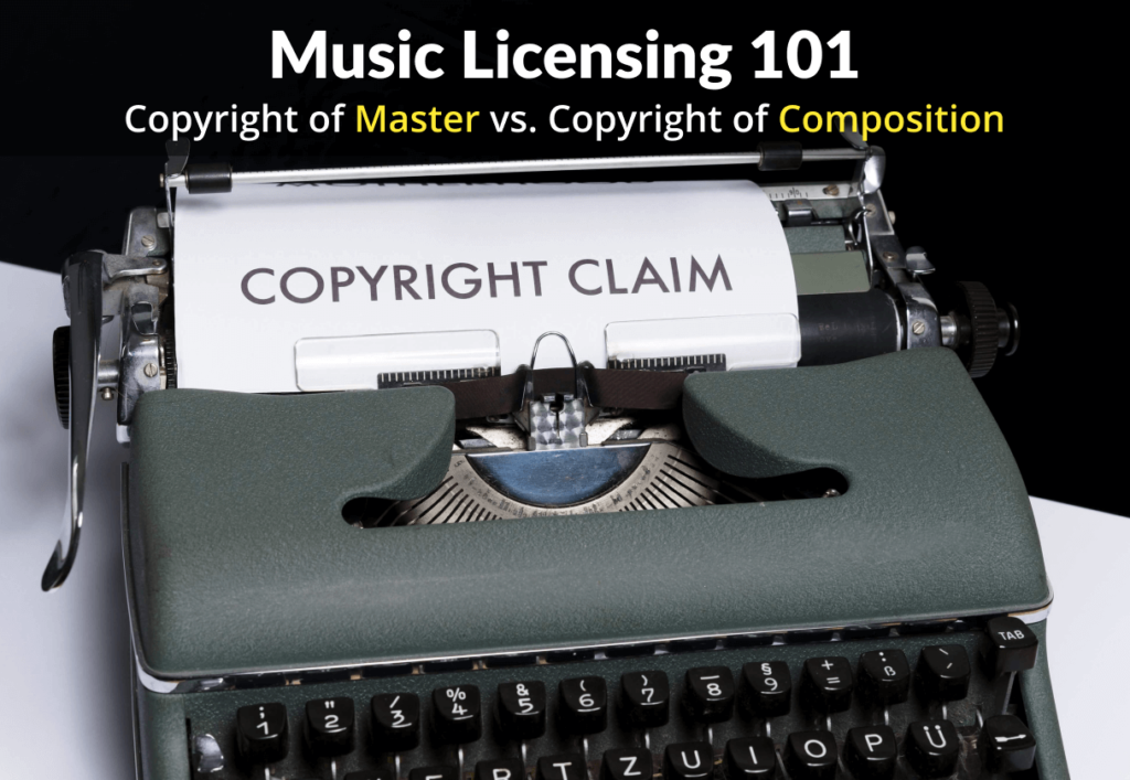 "Music Licensing 101: Copyright of Master vs. Copyright of Composition" text over typewriter & page with the text "Copyright Claim"